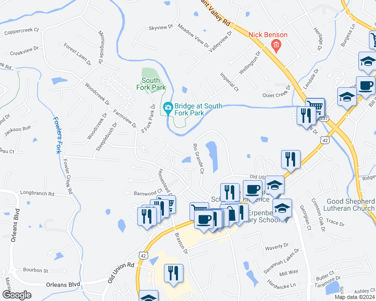 map of restaurants, bars, coffee shops, grocery stores, and more near 1100 Periwinkle Drive in Florence