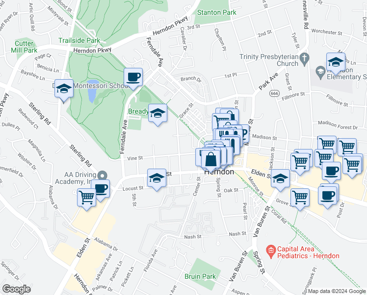 map of restaurants, bars, coffee shops, grocery stores, and more near 752 Grace Street in Herndon