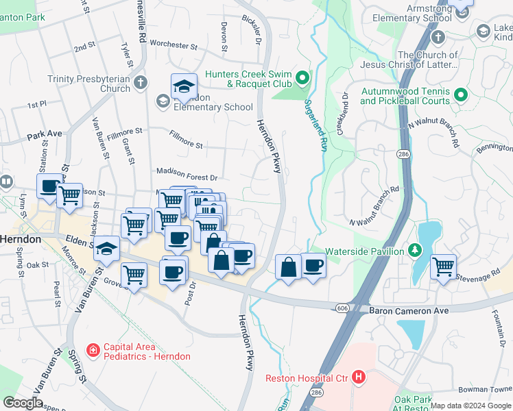 map of restaurants, bars, coffee shops, grocery stores, and more near 351 Reneau Way in Herndon