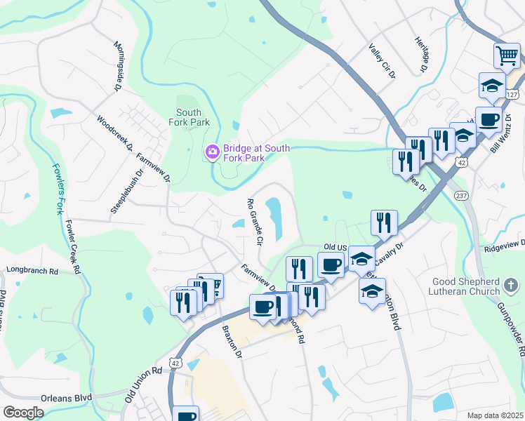 map of restaurants, bars, coffee shops, grocery stores, and more near 24 Rio Grande Circle in Florence