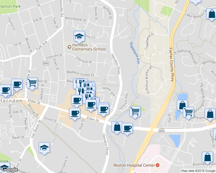 map of restaurants, bars, coffee shops, grocery stores, and more near 355 Reneau Way in Herndon