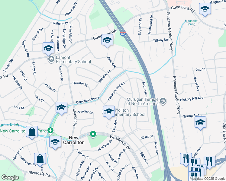 map of restaurants, bars, coffee shops, grocery stores, and more near 8416 Ravenswood Road in New Carrollton
