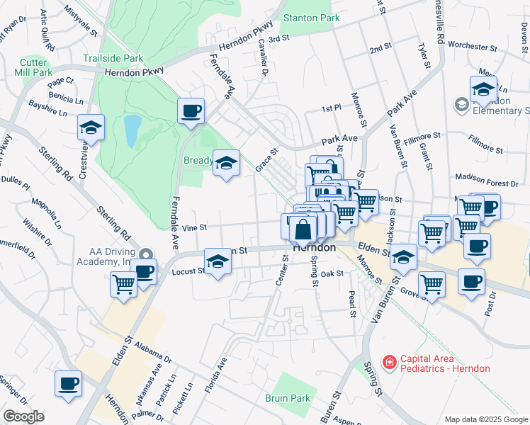 map of restaurants, bars, coffee shops, grocery stores, and more near 752 Grace Street in Herndon