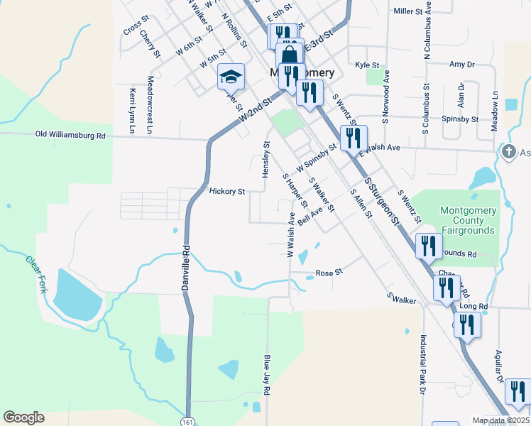 map of restaurants, bars, coffee shops, grocery stores, and more near 422 Hensley Street in Montgomery City
