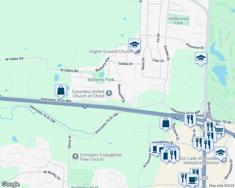 map of restaurants, bars, coffee shops, grocery stores, and more near 1419-1421 Barnwood Drive in Columbia