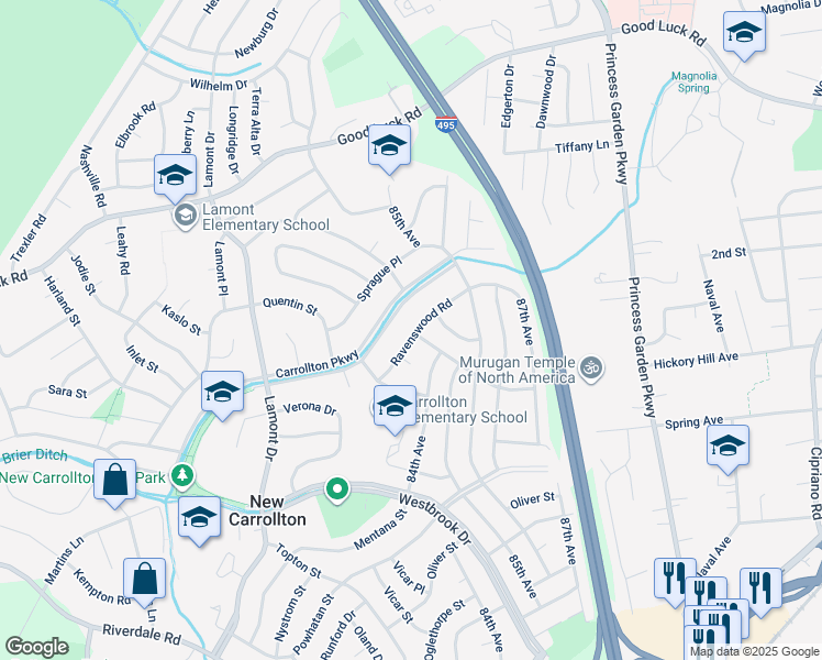 map of restaurants, bars, coffee shops, grocery stores, and more near 8416 Ravenswood Road in New Carrollton