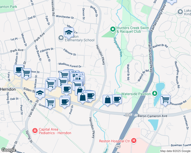 map of restaurants, bars, coffee shops, grocery stores, and more near 351 Reneau Way in Herndon