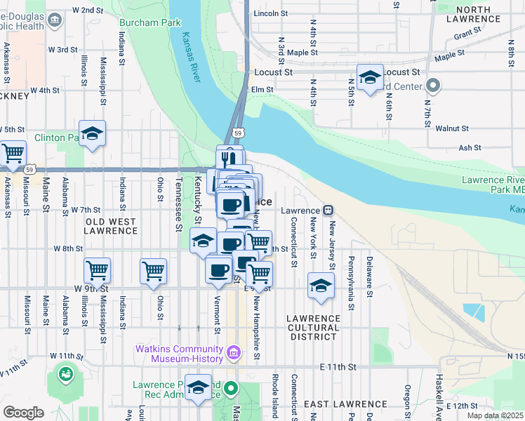 map of restaurants, bars, coffee shops, grocery stores, and more near in Lawrence