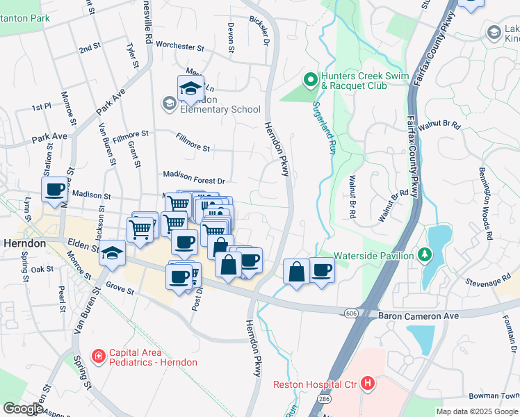 map of restaurants, bars, coffee shops, grocery stores, and more near 355 Reneau Way in Herndon