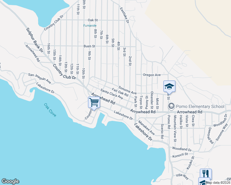 map of restaurants, bars, coffee shops, grocery stores, and more near 13590 Fair Oak Road in Clearlake
