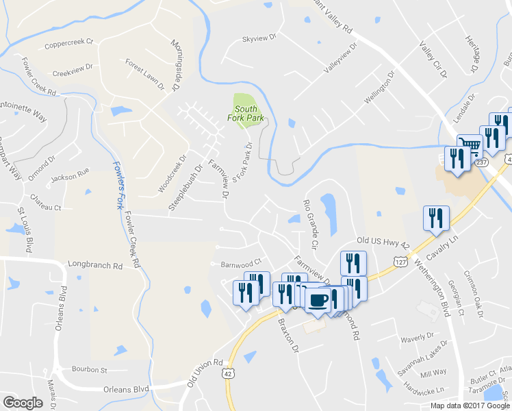 map of restaurants, bars, coffee shops, grocery stores, and more near 993 Mistflower Lane in Florence