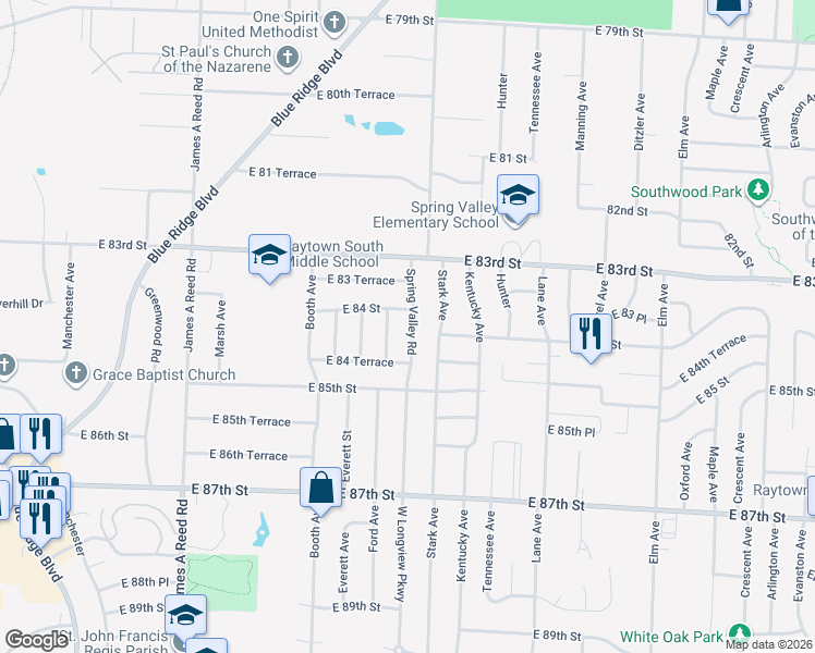 map of restaurants, bars, coffee shops, grocery stores, and more near 8401 Ford Avenue in Raytown