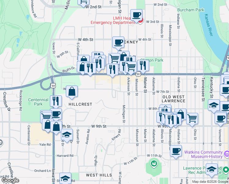 map of restaurants, bars, coffee shops, grocery stores, and more near 647 Michigan Street in Lawrence