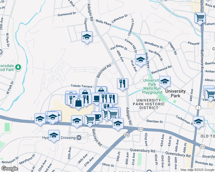 map of restaurants, bars, coffee shops, grocery stores, and more near 3300 Toledo Road in Hyattsville