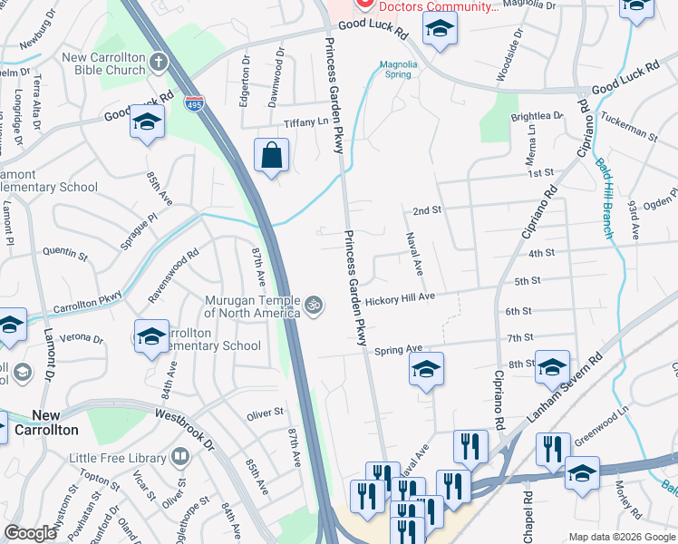 map of restaurants, bars, coffee shops, grocery stores, and more near 6314 Princess Garden Parkway in Lanham