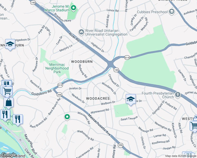 map of restaurants, bars, coffee shops, grocery stores, and more near 6109 Ramsgate Road in Bethesda