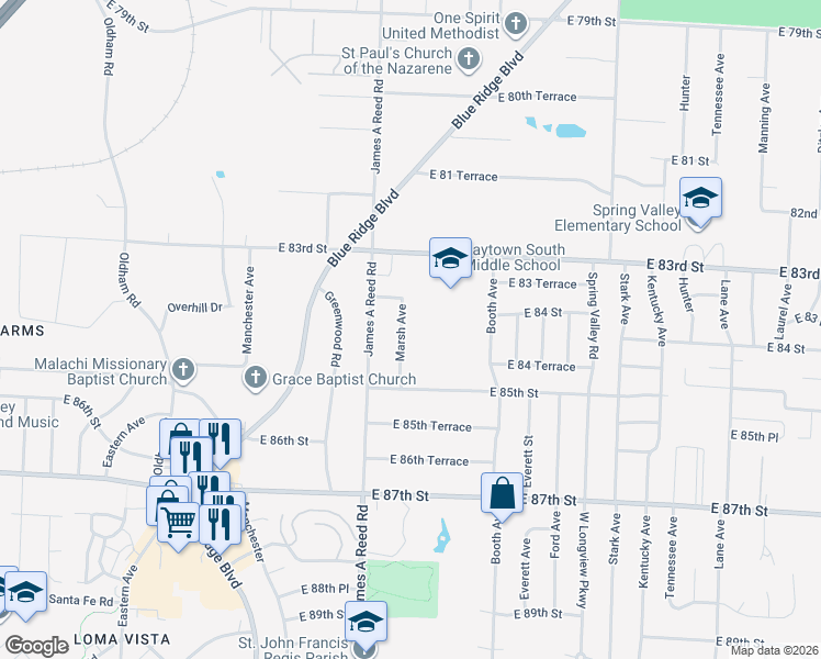 map of restaurants, bars, coffee shops, grocery stores, and more near 8403 Marsh Avenue in Raytown