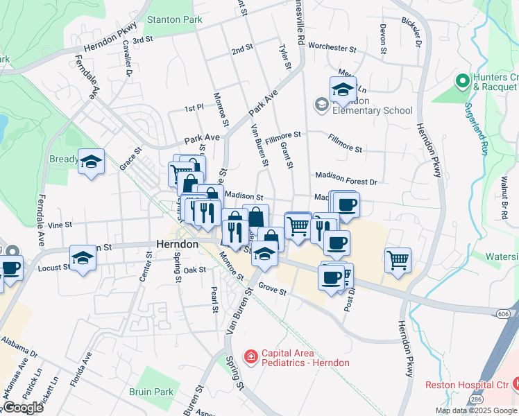 map of restaurants, bars, coffee shops, grocery stores, and more near 770 Jackson Street in Herndon