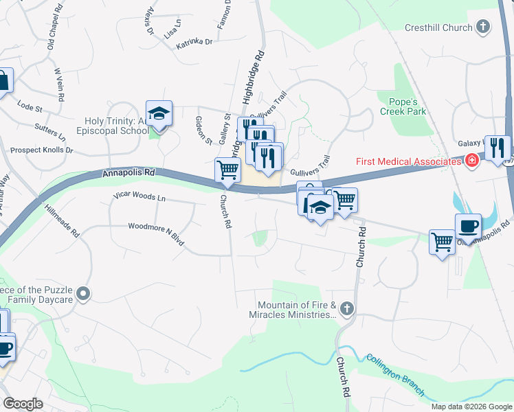 map of restaurants, bars, coffee shops, grocery stores, and more near 5911 Upper Court in Bowie