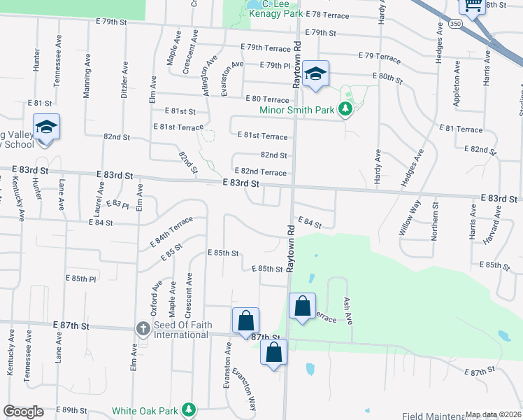 map of restaurants, bars, coffee shops, grocery stores, and more near 9805 East 83 Terrace in Raytown