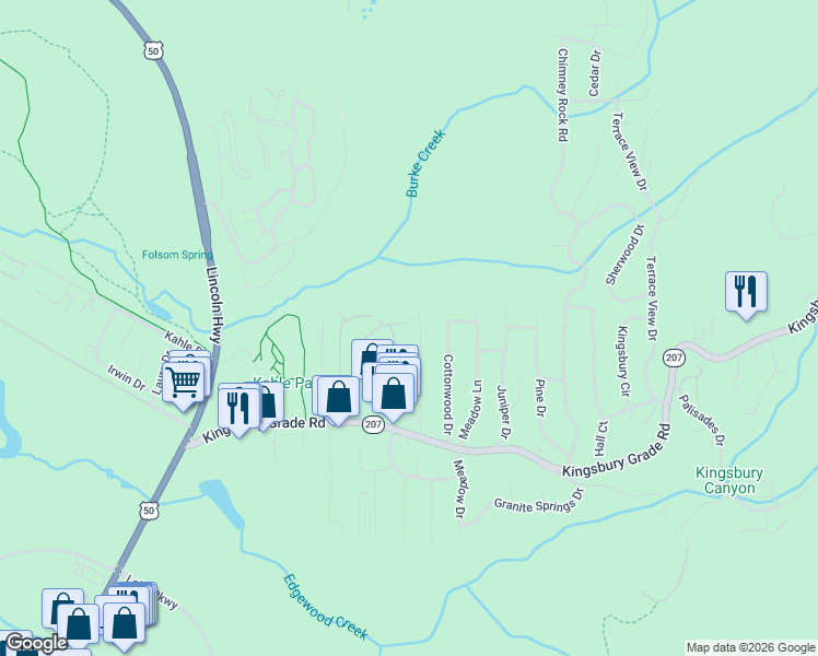 map of restaurants, bars, coffee shops, grocery stores, and more near 215 Ponderosa Drive in Gardnerville
