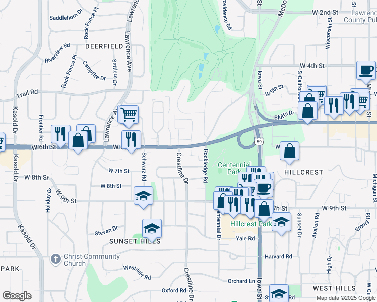 map of restaurants, bars, coffee shops, grocery stores, and more near 2441 U.S. 40 in Lawrence