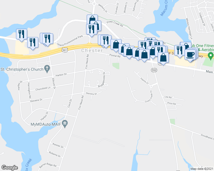 map of restaurants, bars, coffee shops, grocery stores, and more near 7002 Bridgepointe Drive in Chester