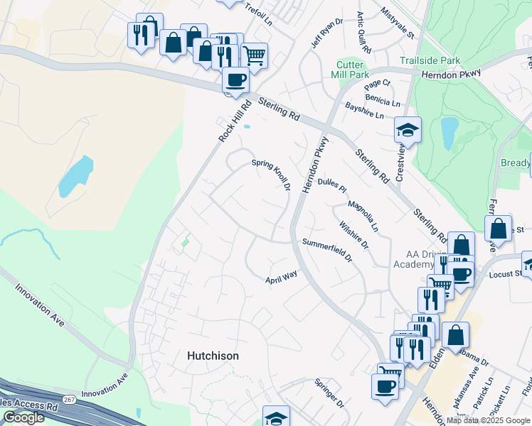 map of restaurants, bars, coffee shops, grocery stores, and more near 1404 Rainbow Court in Herndon