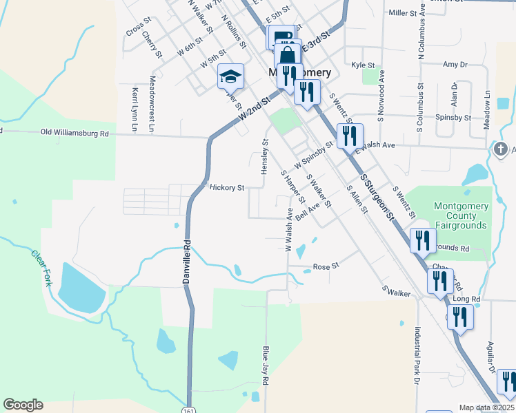map of restaurants, bars, coffee shops, grocery stores, and more near 422 Hensley Street in Montgomery City