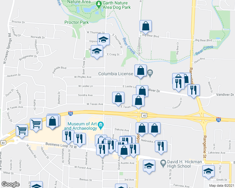 map of restaurants, bars, coffee shops, grocery stores, and more near 1805 George Court in Columbia