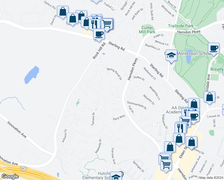 map of restaurants, bars, coffee shops, grocery stores, and more near 1404 Rainbow Court in Herndon