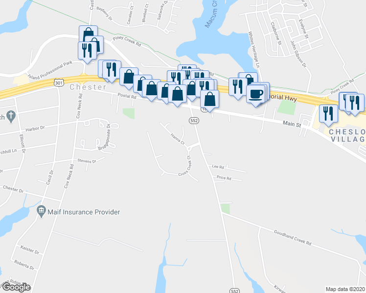 map of restaurants, bars, coffee shops, grocery stores, and more near 205 Hanna Court in Chester