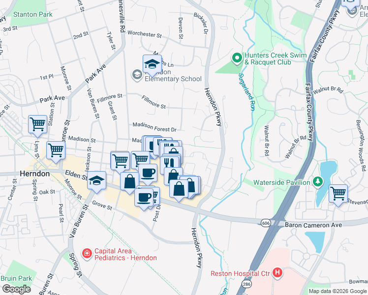 map of restaurants, bars, coffee shops, grocery stores, and more near 428 Reneau Way in Herndon