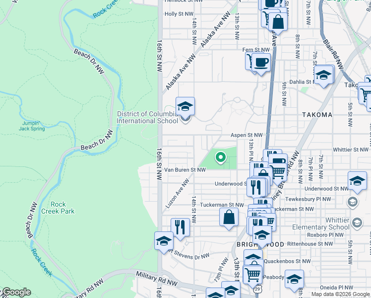 map of restaurants, bars, coffee shops, grocery stores, and more near 1412 Whittier Place Northwest in Washington