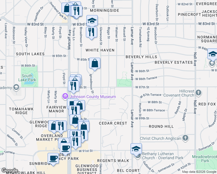 map of restaurants, bars, coffee shops, grocery stores, and more near 9130 Riggs in Overland Park