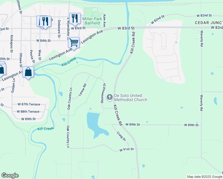 map of restaurants, bars, coffee shops, grocery stores, and more near 8650 Kill Creek Road in De Soto