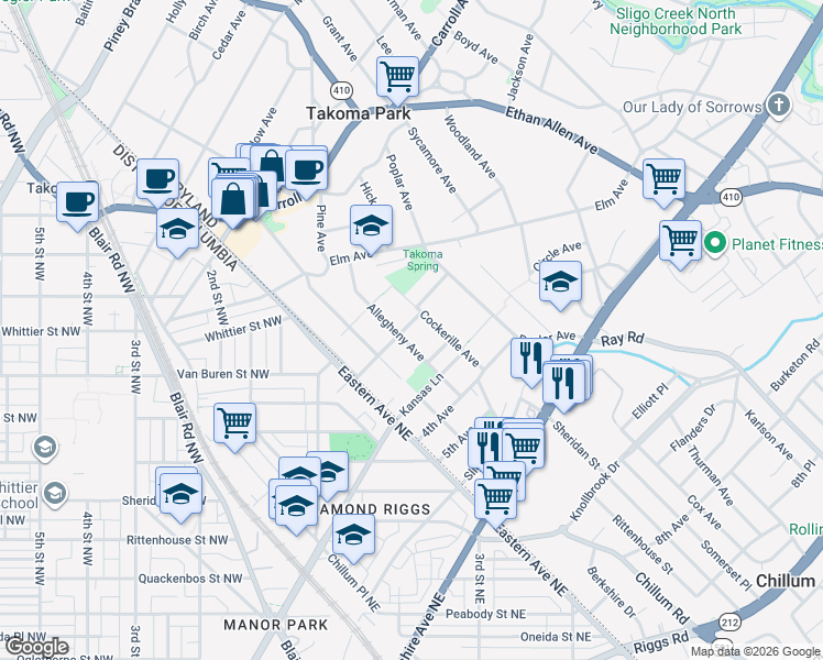 map of restaurants, bars, coffee shops, grocery stores, and more near 6519 2nd Avenue in Takoma Park