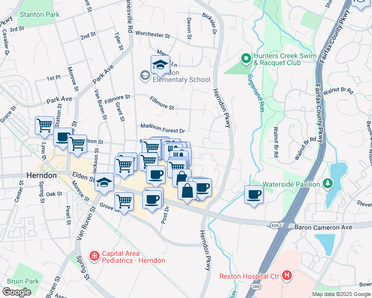 map of restaurants, bars, coffee shops, grocery stores, and more near 403 Madison Street in Herndon