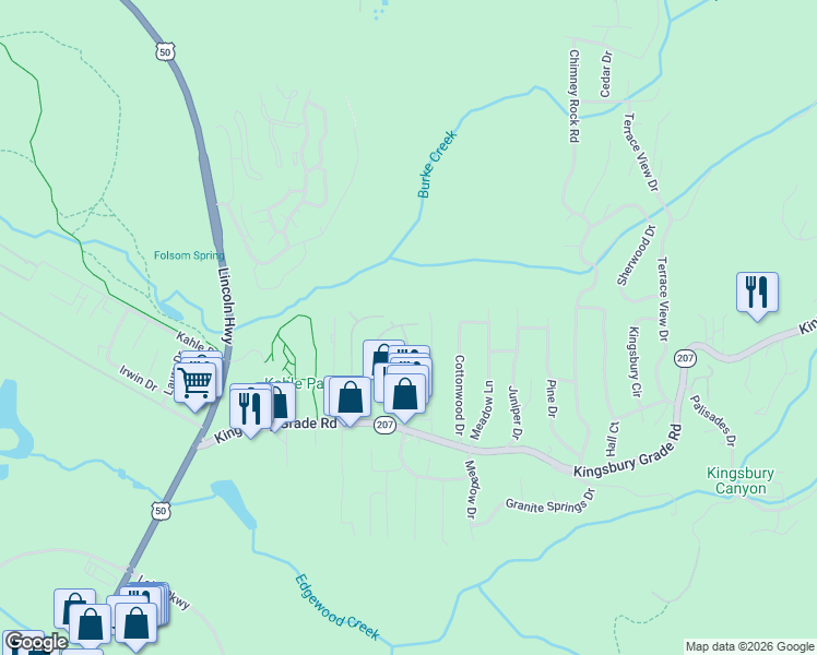 map of restaurants, bars, coffee shops, grocery stores, and more near 215 Ponderosa Drive in Gardnerville