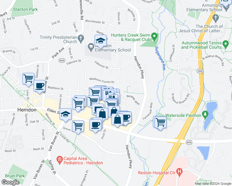 map of restaurants, bars, coffee shops, grocery stores, and more near 403 Madison Street in Herndon