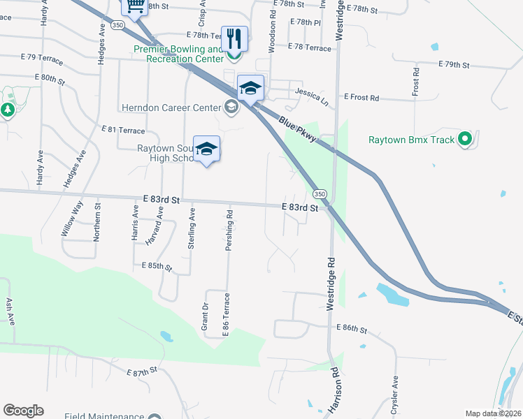 map of restaurants, bars, coffee shops, grocery stores, and more near 8300 Woodson Drive in Raytown