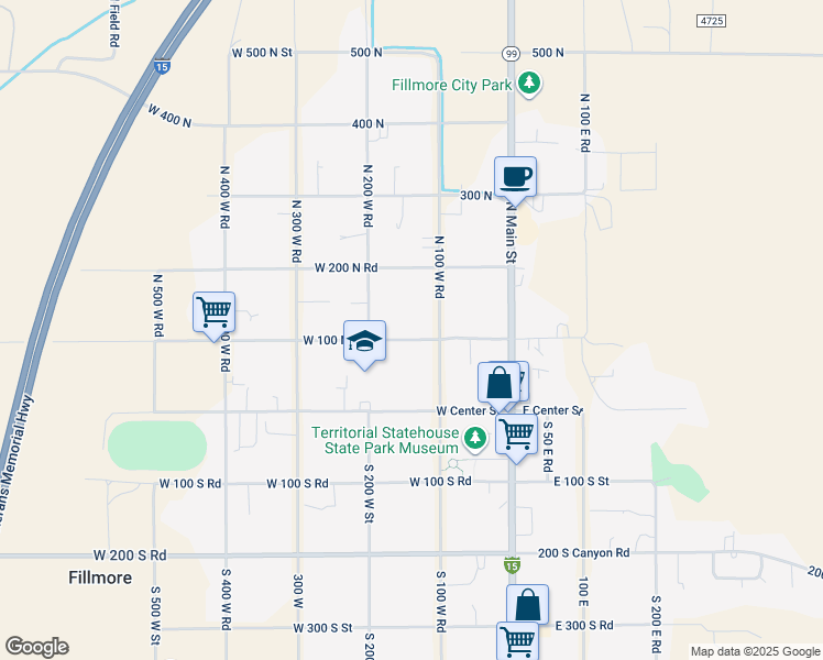 map of restaurants, bars, coffee shops, grocery stores, and more near 140 West 100 North Street in Fillmore