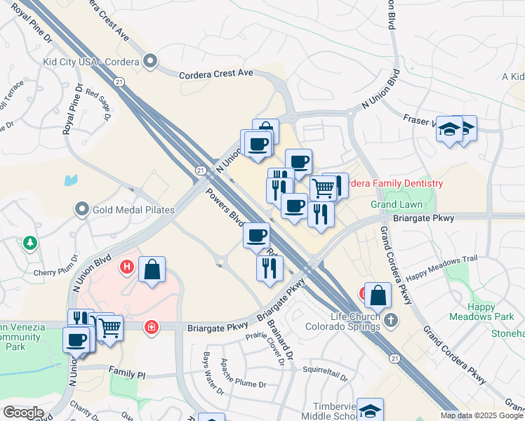 map of restaurants, bars, coffee shops, grocery stores, and more near North Powers Boulevard in Colorado Springs