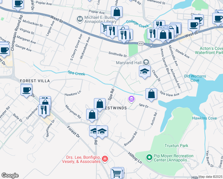 map of restaurants, bars, coffee shops, grocery stores, and more near 964 Spa Road in Annapolis