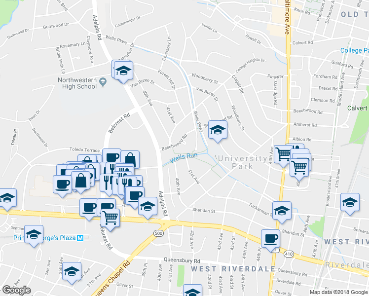 map of restaurants, bars, coffee shops, grocery stores, and more near 4009 Beechwood Road in University Park