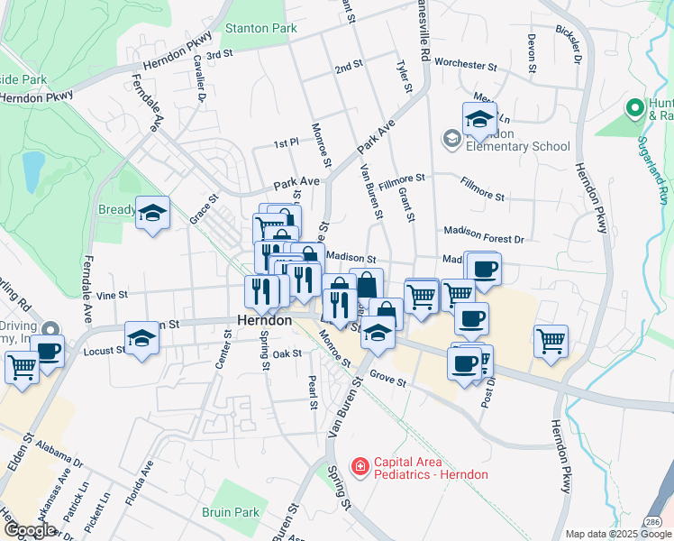 map of restaurants, bars, coffee shops, grocery stores, and more near 650 Jefferson Street in Herndon