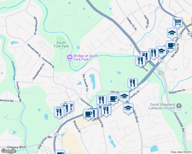 map of restaurants, bars, coffee shops, grocery stores, and more near 34 Rio Grande Circle in Florence
