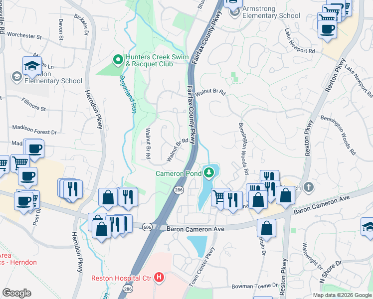 map of restaurants, bars, coffee shops, grocery stores, and more near 1703 Sundance Drive in Reston
