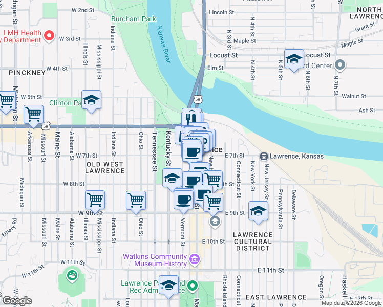 map of restaurants, bars, coffee shops, grocery stores, and more near in Lawrence
