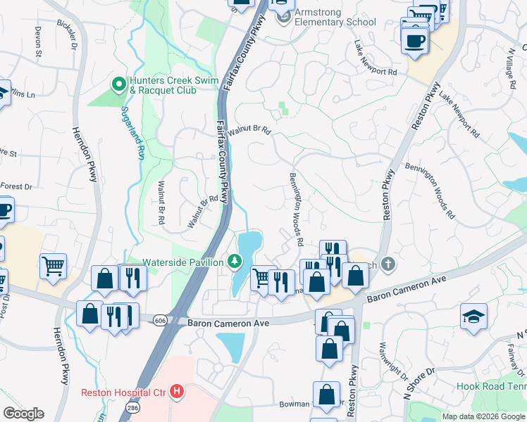 map of restaurants, bars, coffee shops, grocery stores, and more near 1679 Cedar Hollow Way in Reston